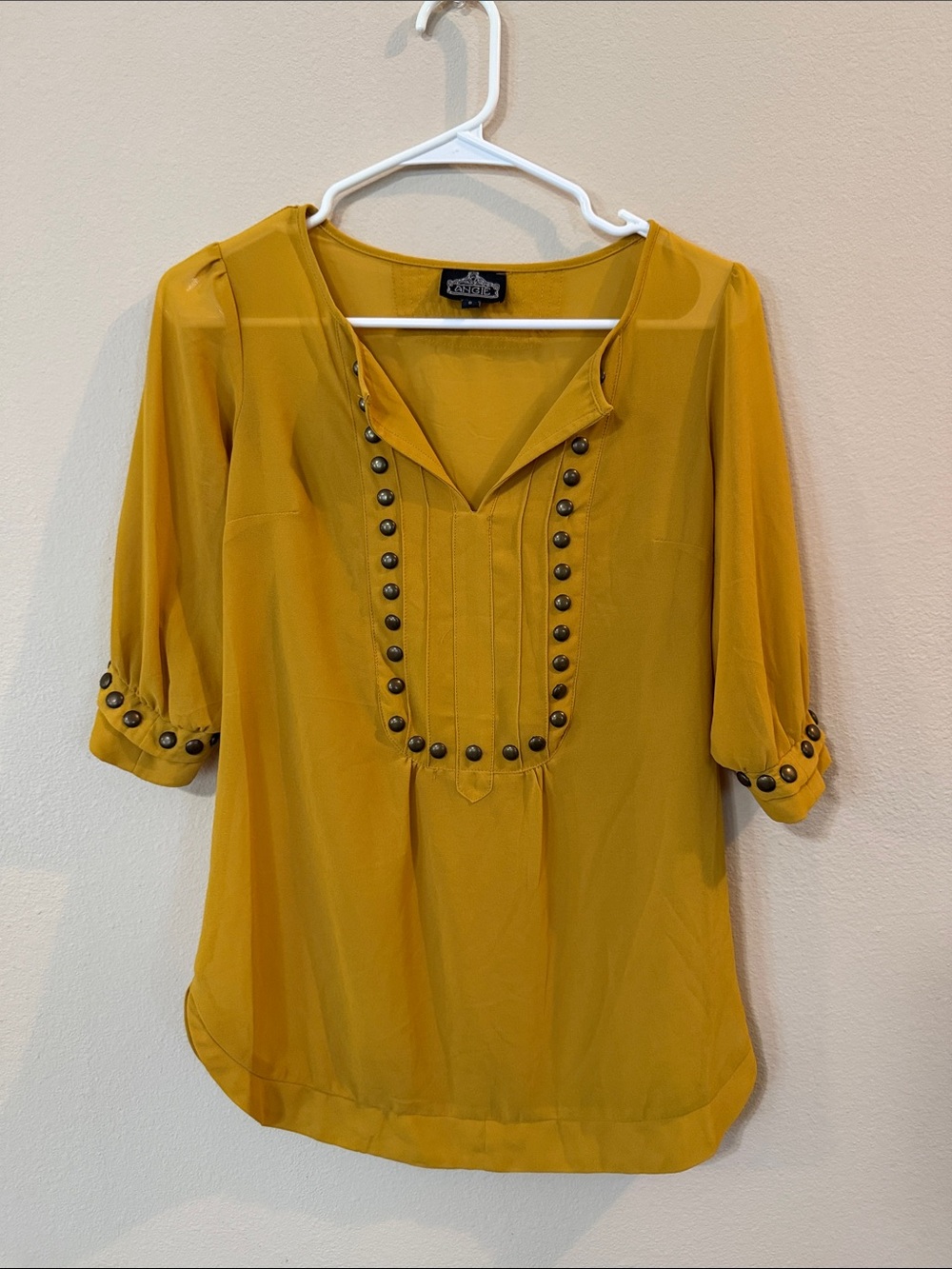 Angie Mustard Stud-Trim Pintuck V-Neck Blouse